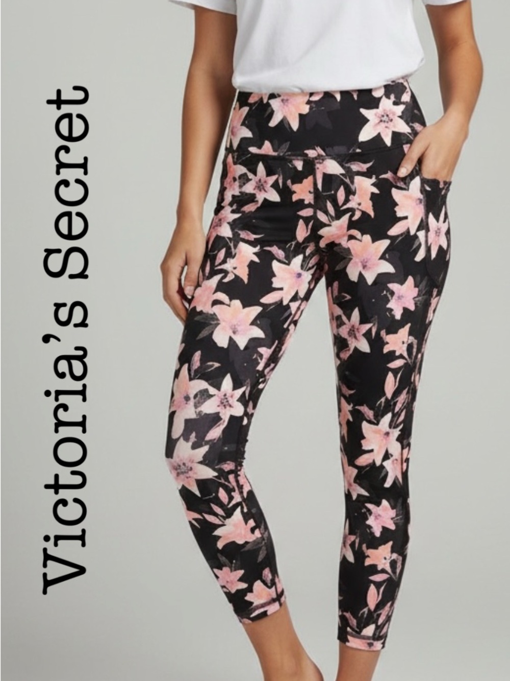 New Victoria's Secret Black Leggings with Pink Floral Print Size 8